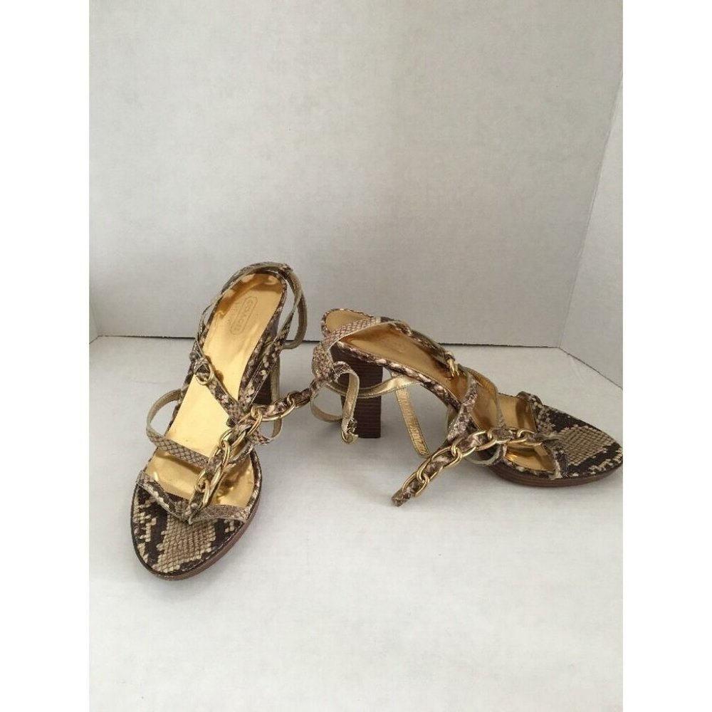 Coach Libertie Liberty Gold Python Embossed Chain Sandals Heels Shoes 8 RARE HTF